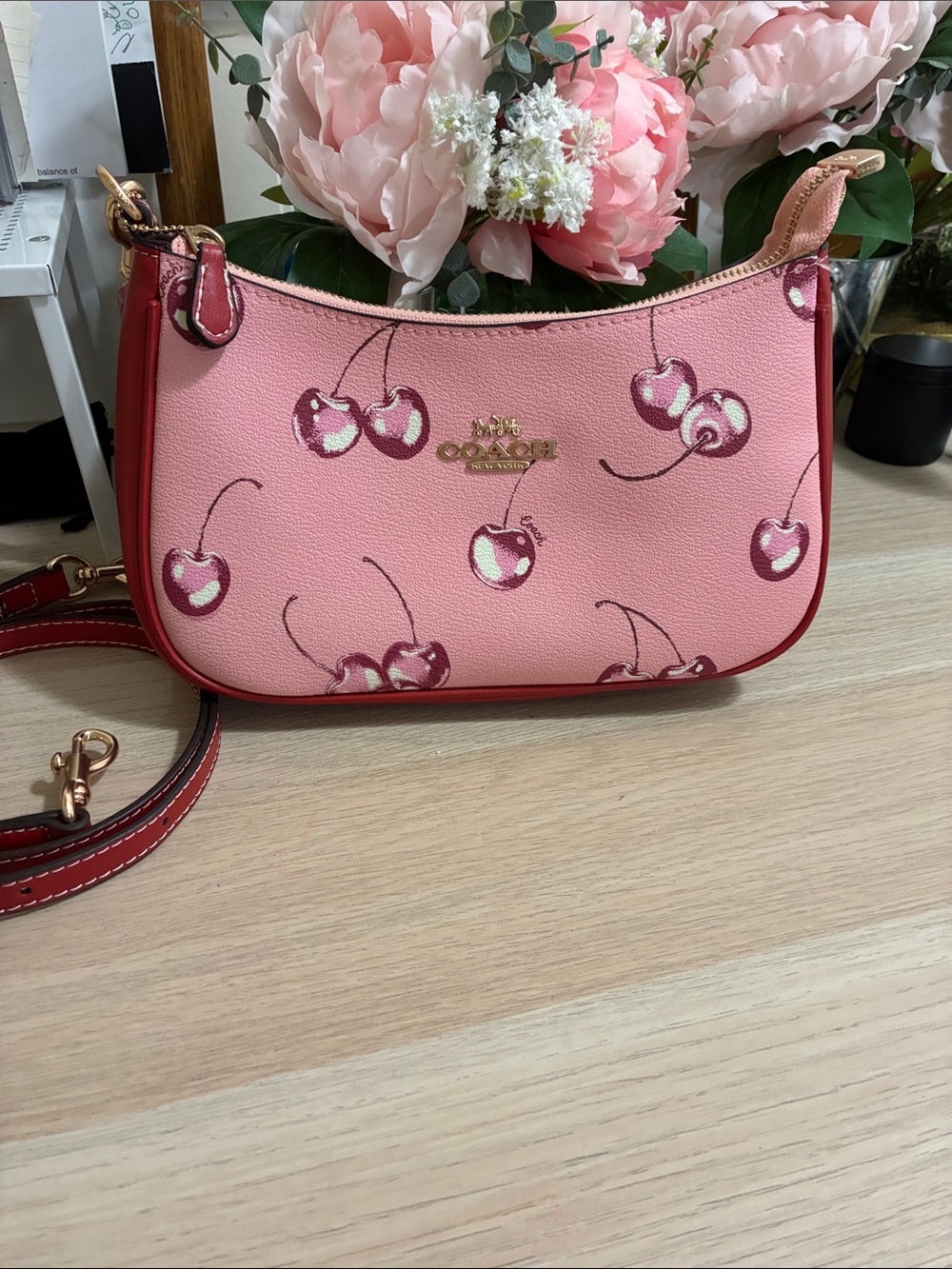 Coach Pink Cherry-Print Leather Shoulder Bag with Red Trim - Picture 6 of 6